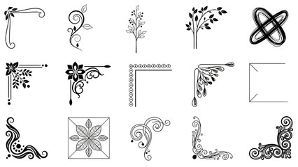 Collection of Decorative Corner Designs in Black and White for Graphic Projects and Artistic Composition