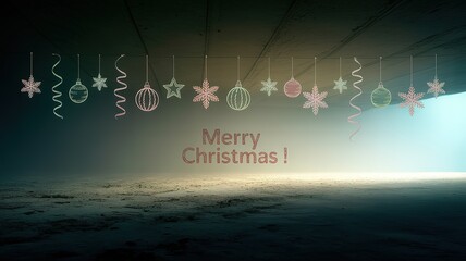 Christmas ornaments and streamers hang above the text Merry Christmas! against an ambient background