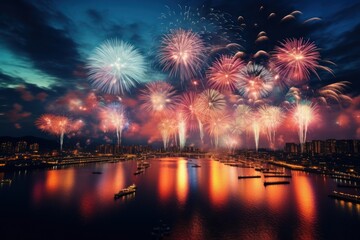 Fototapeta premium Fireworks night transportation architecture.