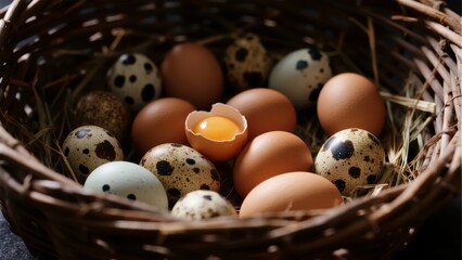 A basket filled with various eggs, including brown, speckled, and one cracked open revealing the yolk, nestled in straw.