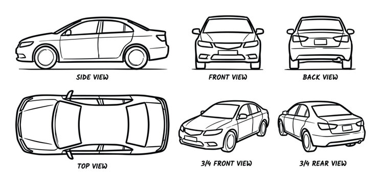 Car in different perspectives. Detailed outlines of a sedan automobile. Viewpoint set for design.