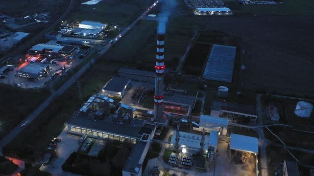 Aerial drone view to district heating on Burgas, Bulgaria evening