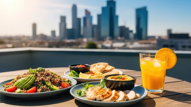 Delicious food on rooftop with hummus, grilled chicken, and orange juice, showcasing vibrant culinary presentation. Delicious food enhances rooftop dining experience,