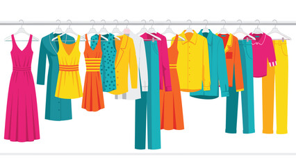 Stylish dresses and colorful outfits hanging on a rack for a vibrant wardrobe selection and a fashion-forward lifestyle appeal