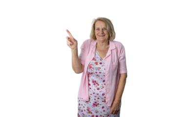 Smiling senior woman pointing finger presenting transparent background