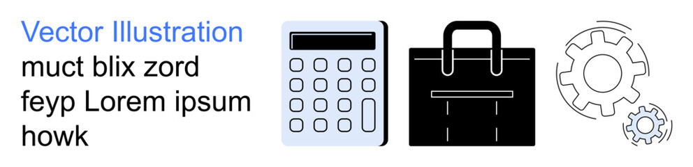 Business tools, financial planning, productivity, teamwork, corporate strategy, innovation. ion of a calculator, black briefcase and gears. Business tools and financial planning concepts