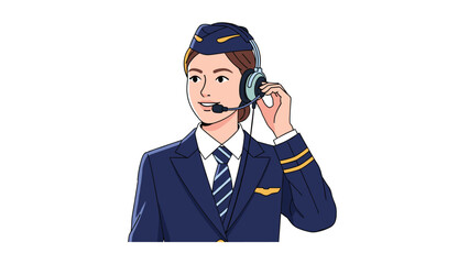 Friendly flight attendant with headset offering exceptional customer service in aviation industry for a safe travel experience and comfortable journey