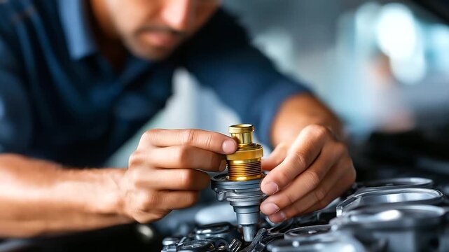 PCV valve replacement, automotive emission service, mechanic installing component, professional maintenance procedure, engine bay work focus, crankcase ventilation care, faceless w