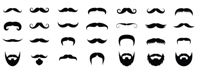 Mustache and beard collection, vector illustration featuring various styles of facial hair for men, perfect for grooming designs, barber shop graphics, costume design, photobooth props, fashion illust