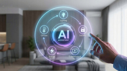 Circular futuristic interface of smart home automation assistant on a virtual screen