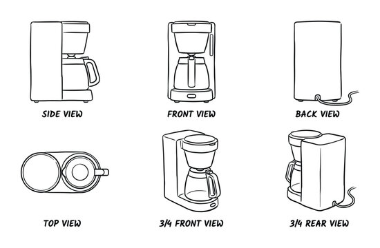 Coffee maker illustration set with side, front, back, top, 3/4 front, and 3/4 rear views.