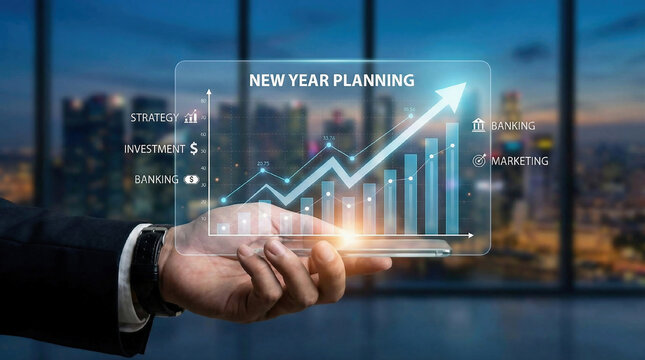 Businessman hand with virtual screen on growth graph chart and data, business strategy, banking and investment, digital marketing and payment. New year planning business