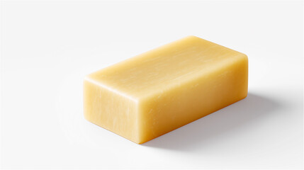 Minimalist block of yellow cheese placed on clean white surface under soft lighting, representing simplicity, natural food products, freshness, and contemporary culinary aesthetics.
