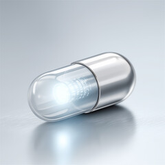 High-tech glowing capsule with metallic shell placed on reflective surface, symbolizing modern pharmaceuticals, futuristic supplements, innovation in medicine and advanced scientific research.