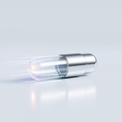 Transparent high-speed medical capsule captured in motion on neutral background, expressing advanced pharmaceuticals, innovation, efficiency, future healthcare and scientific precision.