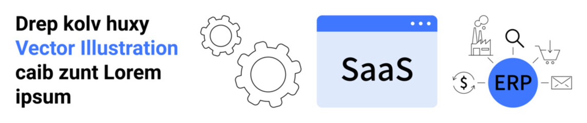 Business solutions, SaaS platforms, enterprise resource planning, software integration, workflow automation, digital tools. Icons of SaaS, gears ERP and business tools. SaaS platforms and ERP