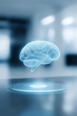 Digital holographic brain hovering in futuristic blue environment, symbolizing artificial intelligence, data science, medical innovation and advanced neural technology in modern conceptual style.
