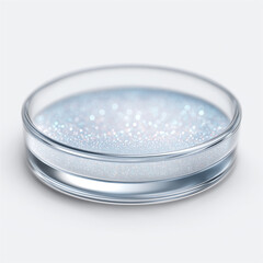 Petri dish filled with shimmering blue liquid under soft light, representing scientific research, microbiology, lab analysis and clean modern biotech aesthetics in minimal style.