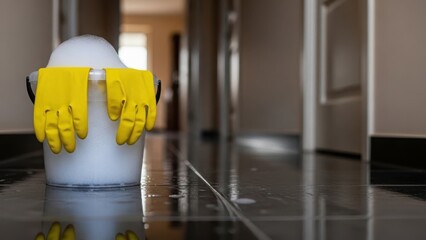 Cleaning supplies include bucket with water and yellow gloves on glossy tile floor. Cleaning supplies are prepared for washing surfaces with soap bubbles for a clean home.