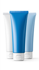 Set of cosmetic tubes in blue and white colors standing upright on clean surface, representing skincare, hygiene products and modern beauty packaging.