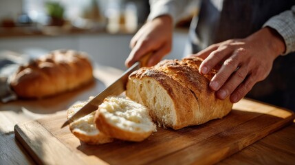 A man with light skin slicing freshly baked bread in a warm kitchen, showcasing a cozy and inviting atmosphere.