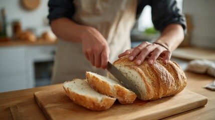 A person slicing freshly baked artisan bread on a wooden cutting board in a cozy kitchen setting.