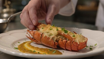 Gourmet Lobster Dish with Sauce and Garnish for Culinary Presentation in Fine Dining Restaurant