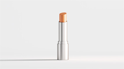 Single nude-tone lipstick standing on bright minimal surface, symbolizing beauty, elegance, simplicity and modern cosmetic style with clean composition. copy space