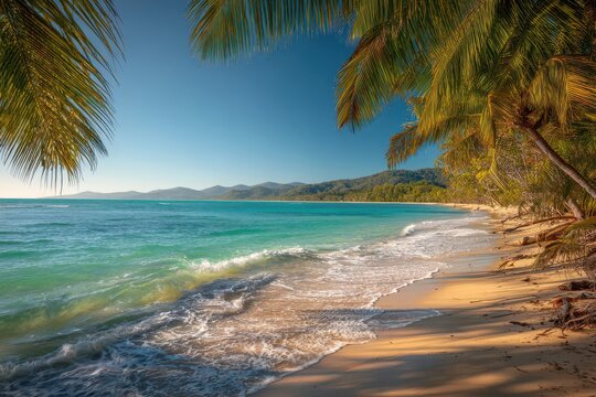Serene island shoreline scene featuring palm fronds, soft sand, and clear blue water - Powered by Adobe