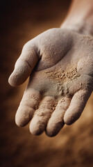 Hands covered in fine sand gently holding grains in warm light, representing nature, texture, earth elements and the concept of time and transience.