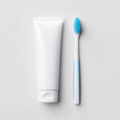 White toothpaste tube and toothbrush arranged on clean surface, symbolizing oral hygiene, freshness, and daily dental care.