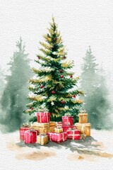 Watercolor New Year's illustration, a Christmas tree with gifts against a forest background. AI generative