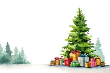Watercolor New Year's illustration, a Christmas tree with gifts against a forest background. AI generative