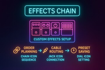 Neon infographic of guitar pedal effects chain order and signal routing for electric guitarists