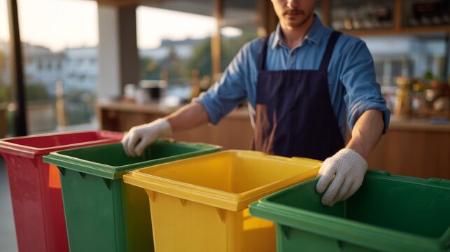 A male worker sorting waste into colorful recycling bins, promoting sustainability and eco-friendly practices.