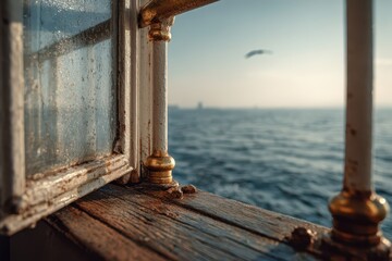 Ship deck window framing a calm open sea with weathered wood railing and brass accents