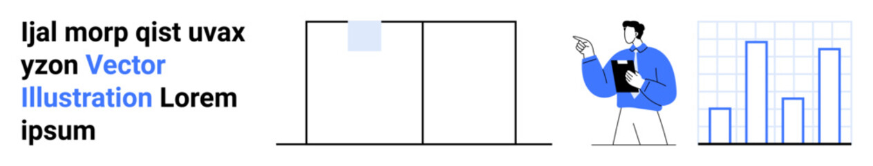 Business analysis, teamwork, data visualization, project management, corporate planning, and financial growth. Person presenting with clipboard alongside bar graph and text. Business analysis