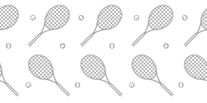 Black and white seamless tennis rackets and balls pattern.Tennis equipment repeat cover ornament.Line art, ink, minimalist.Wallpapers,wrapping paper,active lifestyle branding.Vector illustration EPS10