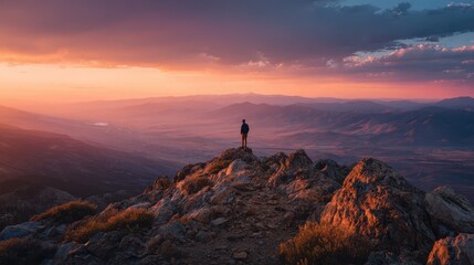 Silhouette of a lone man on a mountain peak looking down at the valley at sunset