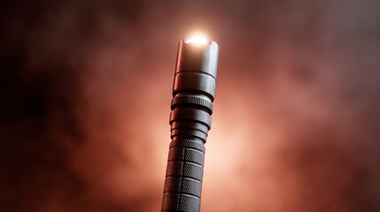 A sleek, modern flashlight beams brightly against a smoky background, creating a dramatic and intense atmosphere.