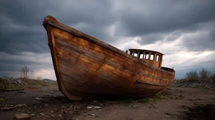 A weathered derelict wooden boat rests on a dry shore under a dramatic stormy sky