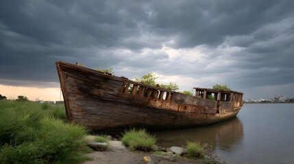 A decaying wooden shipwreck rests on the shore under a dramatic stormy sky at dusk