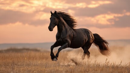 Silhouetted black stallion gallops across a sunlit field at dusk