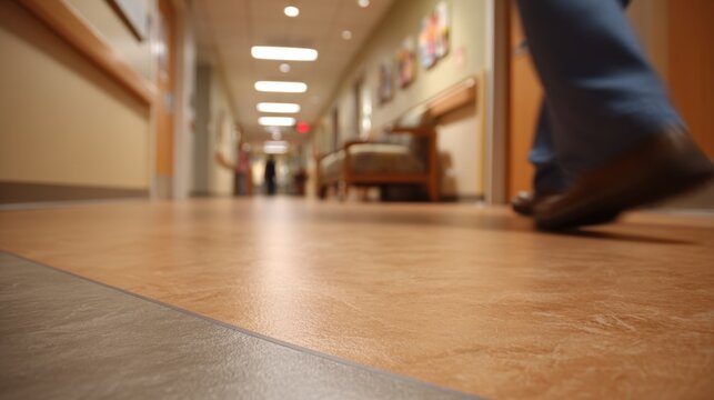 Expert applies seamless linoleum repair methods in a hospital corridor ensuring hygienic and safe flooring restoration for healthcare environments
