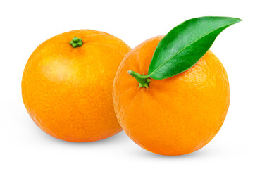 Mandarin citrus fruit with green leaf isolated on white background. Two fresh tangerines with clipping path.