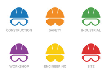 Fototapeta premium Colorful construction safety helmets and goggles icons. Blue, orange, green, purple, yellow, red hard hats. Industrial protection symbols for construction, safety, workshop, engineering, site.
