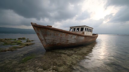 Rusty abandoned vessel rests on a shallow reef beneath a dramatic sunlit cloudy sky