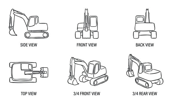 Compact excavator outline set. Small construction machine. Mini digger. Site equipment. Variety of views.
