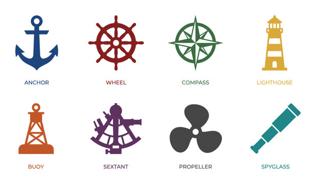 Colorful nautical icons. Anchor, wheel, compass. Lighthouse, buoy, sextant. Propeller, spyglass.