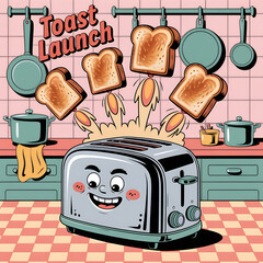 Cartoon Toaster Blasts Off Golden Toast in Kitchen